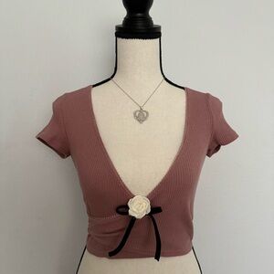 coquette cream camellia & black bow mauve wrap crop top🎀🌸✨